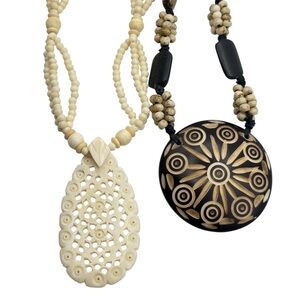 Chunky Tribal Beaded Pendant Hand Carved Necklace Artisan Statement Jewelry VTG